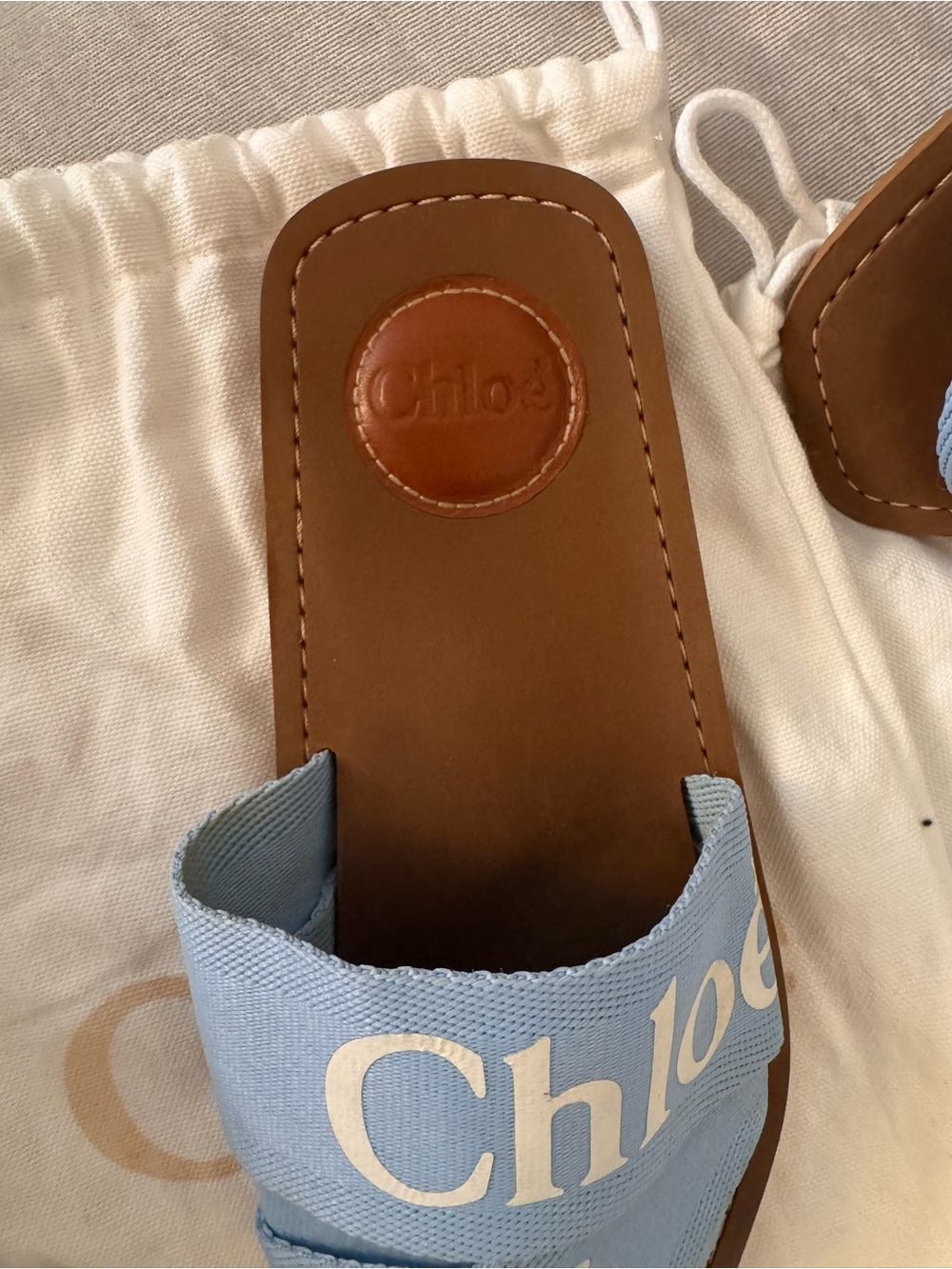Chloé Blue Logo Ribbon Leather Slide Sandals - Picture 4 of 7